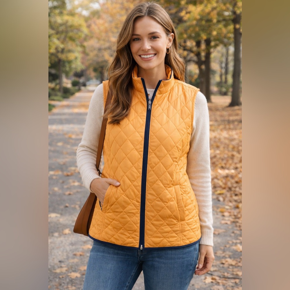 Talbots Quilted Gold Yellow Vest Lightweight Preppy Fall Layering Size Large